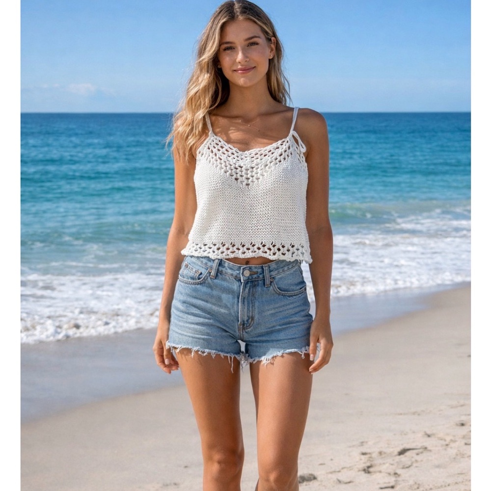 Women’s White Crochet Knit Tank Top - Casual Summer Camisole